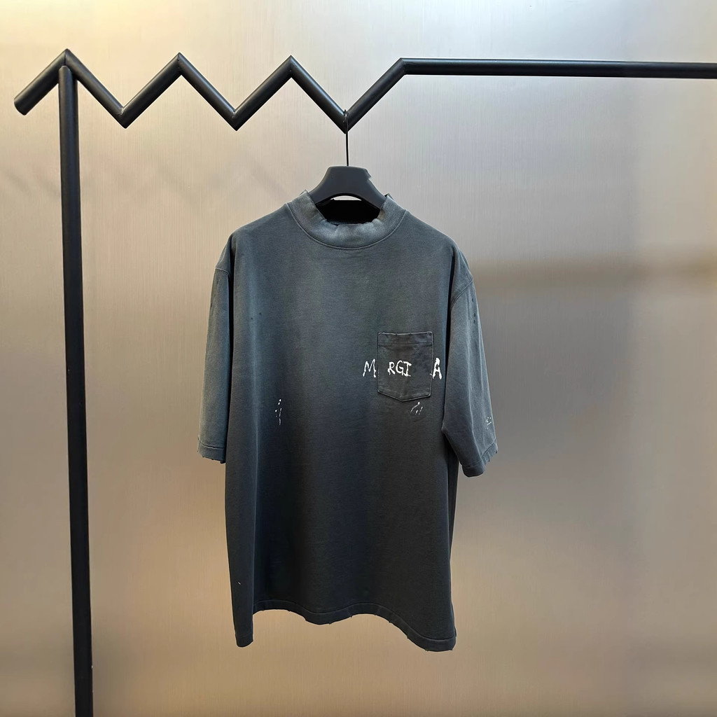 E7W3 B-LG Summer new style washed distressed pocket letter print round neck unisex short sleeve shir