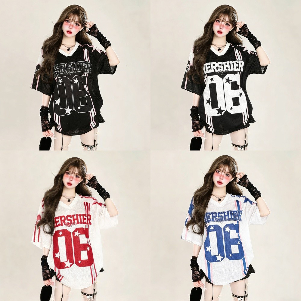 เสื้อยืดคอวีขนาดใหญ่ของผู้หญิงลําลองหมายเลข 8 Dry Fit เสื้อยืดแขนสั้นผู้หญิง