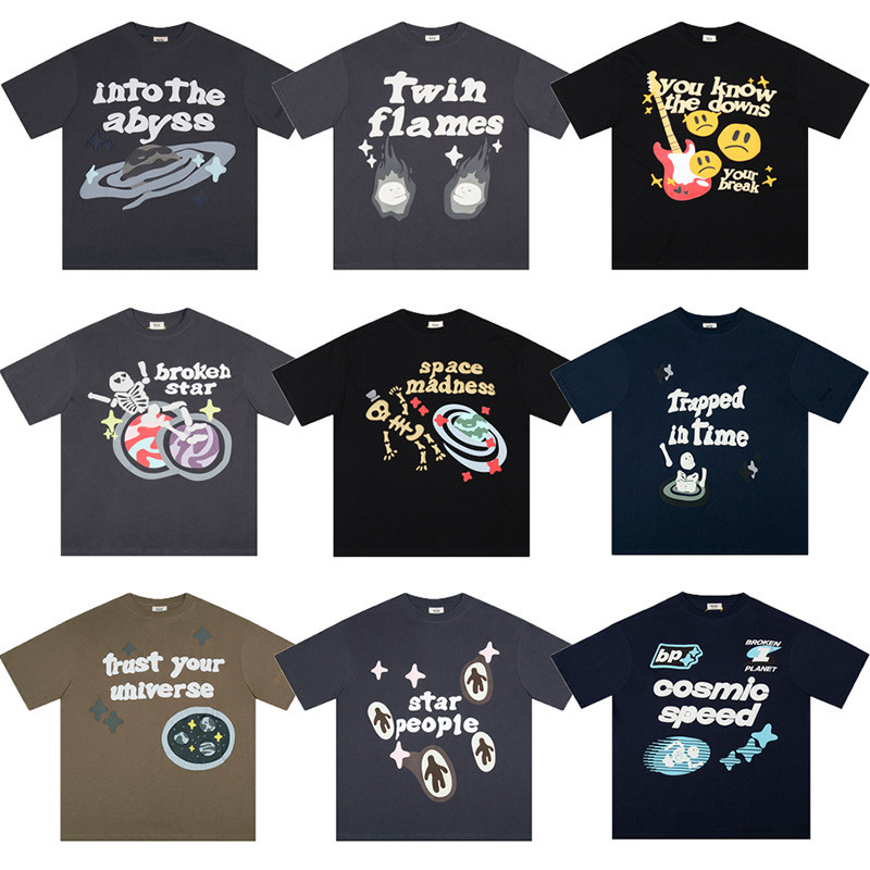 เสื้อยืดแขนสั้นผู้ชายBroken Planet พิมพ์ลายดอกไม้