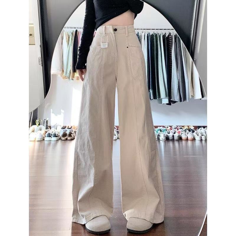 กางเกงซับสูงตรงแฟชั่นผู้หญิงอินเทรนด์กว้างย้อนยุคร้อยหลอดปลาค็อดสไตล์อเมริกันเอว เตาไปป์ กับแอปริคอท