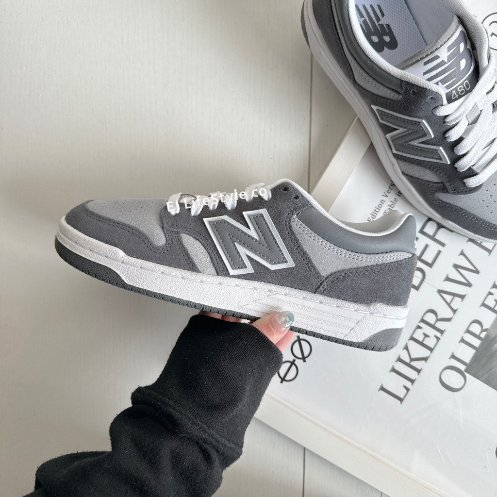 -EJ- ข้อบกพร่องเป็นศูนย์ NEW BALANCE 480 NB Suede รองเท้าผู้หญิงผู้ชายสีเทาเข้ม BB480LEC SYAY