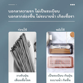 SUGA กล่องเก็บช้อนส้อมอเนกประสงค์ กล่องเก็บตะเกียบ แบบใส พร้อมฝาปิด และช่องระบายน้ำ มีถาดรองในตัว SUR434