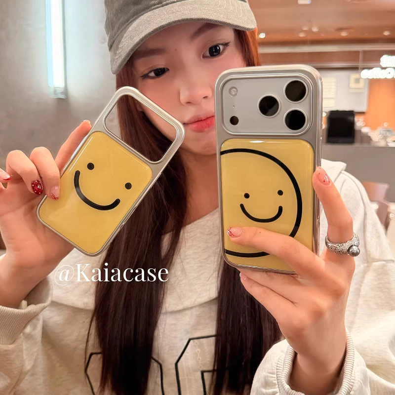 Huiwanju สีทึบสายหน้ายิ้ม เหมาะสําหรับเคสโทรศัพท์มือถือ iPhone17promax ip16pro/13 ผู้หญิง 14pro/15pro รวมทุกอย่าง Epoxy anti-drop เคสป้องกัน