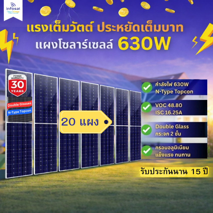 INFOSAT Solar 630W (20 แผง) รุ่น ERA-630W เพิ่มพลังผลิตด้วยดีไซน์กระจกคู่
