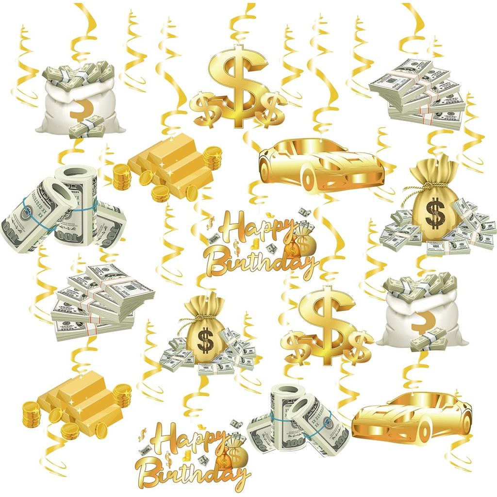 Money Birthday Party ตกแต่งเพดาน Swirls (30 ชิ้นประกอบอย่างเต็มที่) ธีมเงินทองแขวนตกแต่งอุปกรณ์ปาร์ต