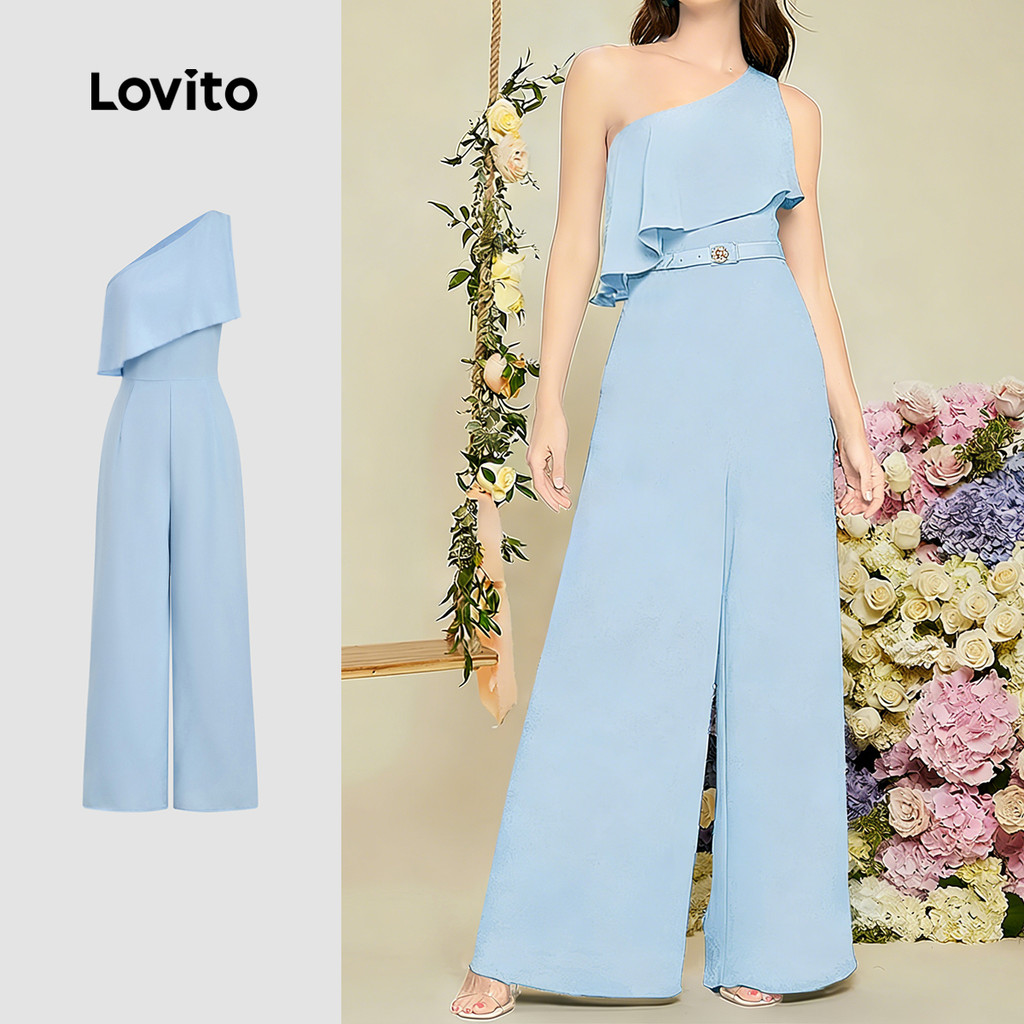 Lovito  จั๊มสูทจัมพ์สูทซิปอสมมาตรหรูหราสําหรับการเดินทางฤดูใบไม้ผลิ/ฤดูร้อน สีฟ้าอ่อนสําหรับผู้หญิง L177ED046 ราคา ถูกที่สุด ดีลบีเคเค