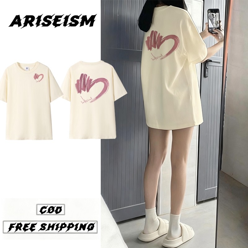 คอดเสื้อยืดผู้หญิงไซส์ใหญ่เกาหลีทําจากผ้าฝ้ายแท้พิมพ์ลายหัวใจ100%ฤดูร้อนคอกลมด้านบนสําหรับสวมใส่ลําล