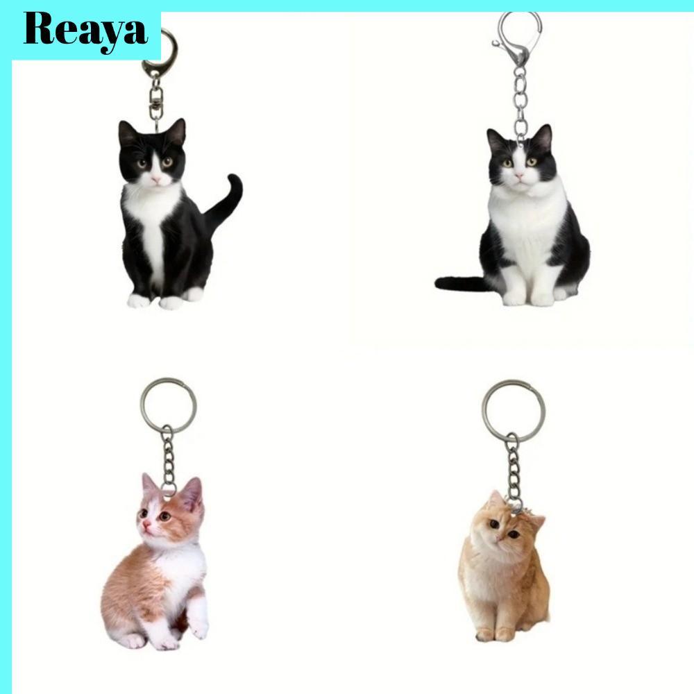 REAYA พวงกุญแจแมว, สองด้านสัตว์แมวจี้พวงกุญแจ, การ์ตูน 2D อะคริลิค Creative สีดําสีขาวพวงกุญแจ Charm ของเล่นเด็กของขวัญ