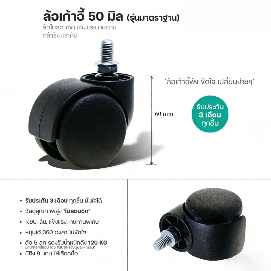 (พร้อมส่ง)ล้อเก้าอี้ 50 มิล (2 นิ้ว) คุณภาพสูง ลื่น เงียบ ไนลอนซิกแท้ สำนักงาน เกมมิ่ง