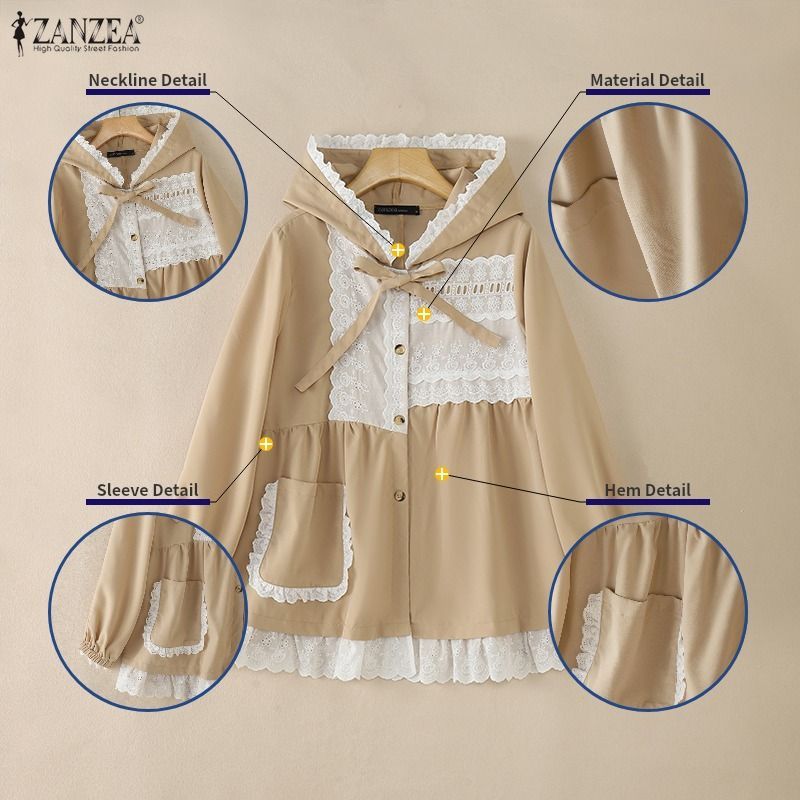 ZANZEA แจ๊คเก็ต trenches สไตล์เกาหลีฤดูใบไม้ร่วงสำหรับผู้หญิง พร้อมโบว์และแพทช์วอร์ค — صورة 7