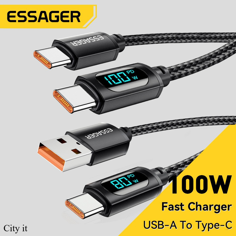 Essager 100W USB A To Type C To C แสดงสาย PD สายชาร์จเร็วสำหรับ Xiaomi Poco3 Samsung Huawei A07