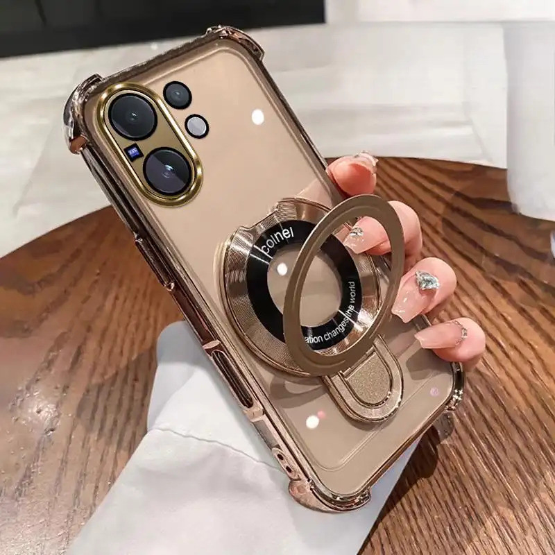 สร้างในกรณีแม่เหล็กสําหรับVivo V70 V60 Lite 5G X200 FEโปร่งใสElectroplatedนุ่มU-รูปแม่เหล็กวงเล็บเคส