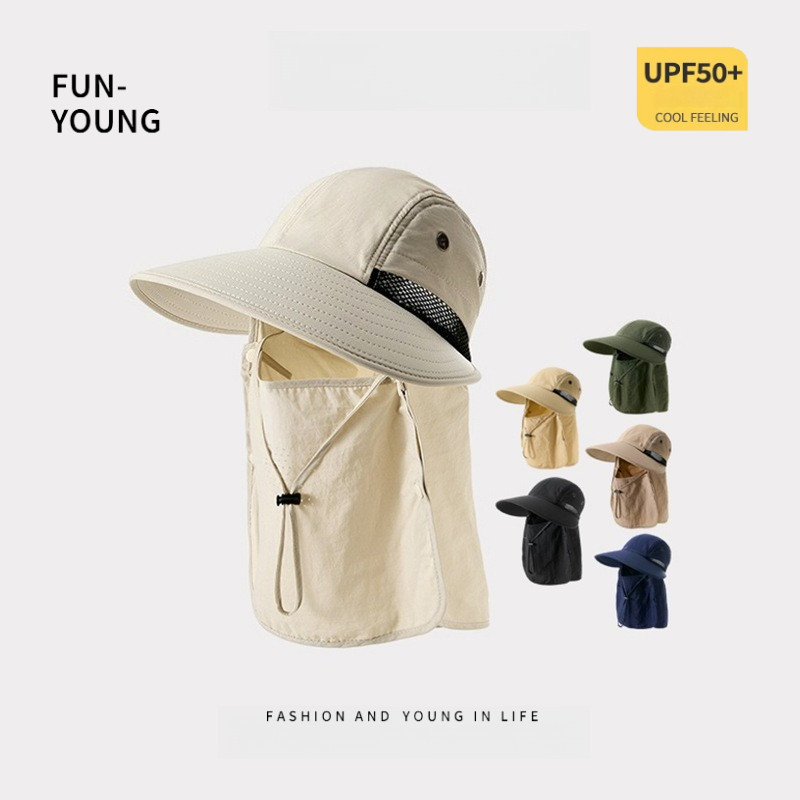 【FUN fashion】ป้องกันแดดใบหน้าเต็มรูปแบบป้องกันคอแบบบูรณาการ, หัวใหญ่รอบวงกลมตกปลาปีนเขาหมวกนักประมง