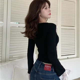 GirlsAt18 พร้อมส่ง🍒เสื้อลูกไม้สองชั้นติดกันคอวี ทรงเข้ารูป มีเชื่อกผูกโปว์ได้ เเซ็กซี่แฟชั่นเสื้อยืด หรูเริ่ด แขนยาว