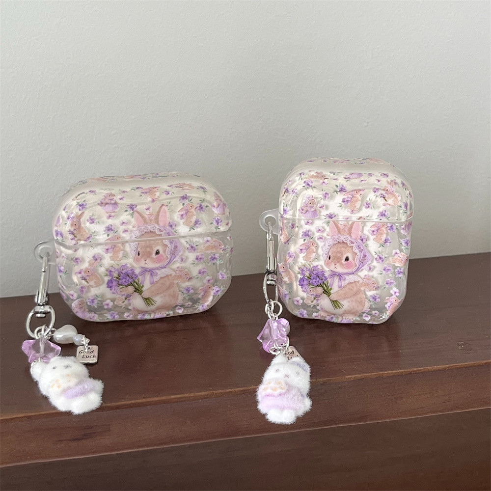 เกาหลีน่ารักดอกไม้สีม่วงกระต่ายหูฟังสําหรับ Airpods Pro 2 3 4 Aipods ฝาครอบซิลิโคนหูฟังสําหรับ Airpo