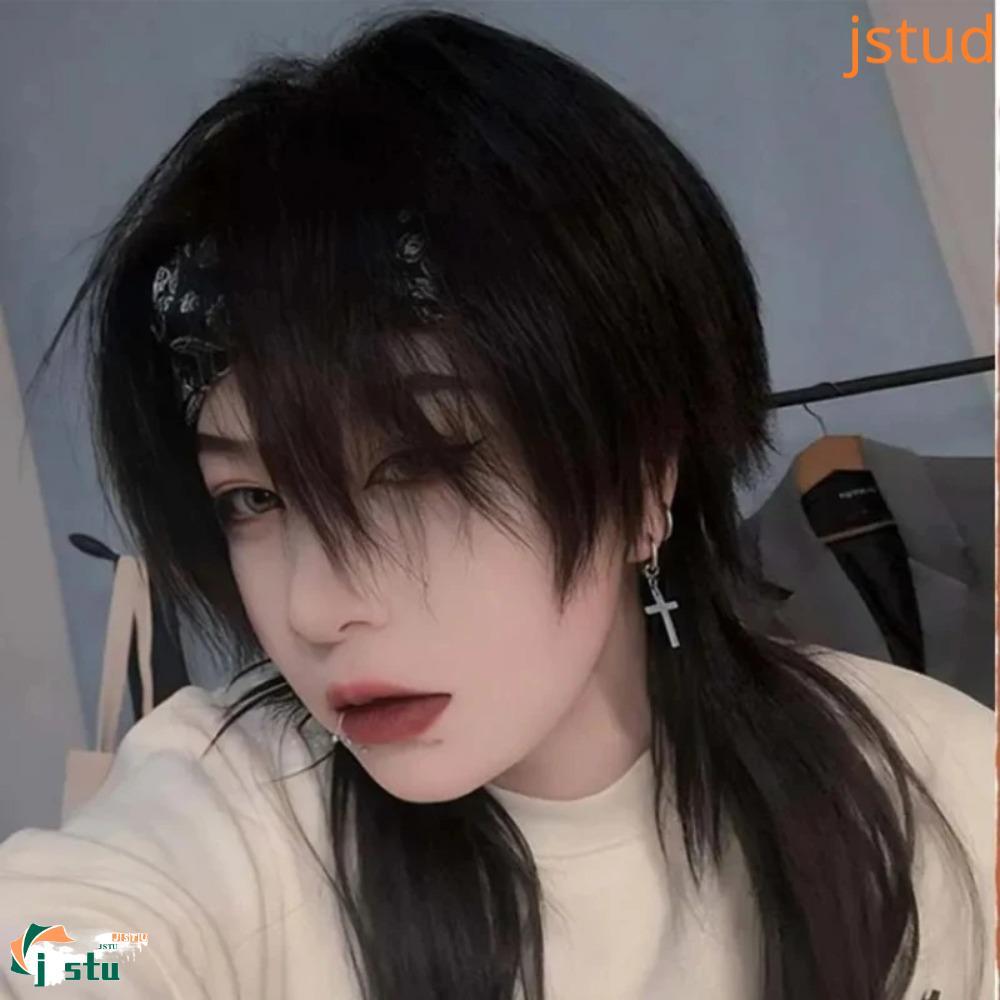 Edgar Mullet วิกผมสังเคราะห์ทนความร้อน สไตล์อนิเมะ พร้อมบังส์และท้ายหางวูล์ฟ สีฟ้าสดใส สำหรับCosplay