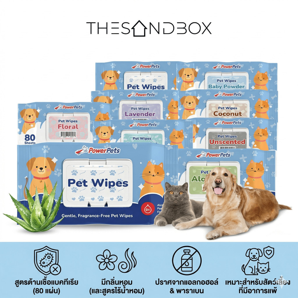 ทิชชู่เปียกสำหรับสัตว์เลี้ยง แบรนด์ PowerPets  สูตรต้านเชื้อแบคทีเรีย 80 แผ่น ปราศจากแอลกอฮอล์