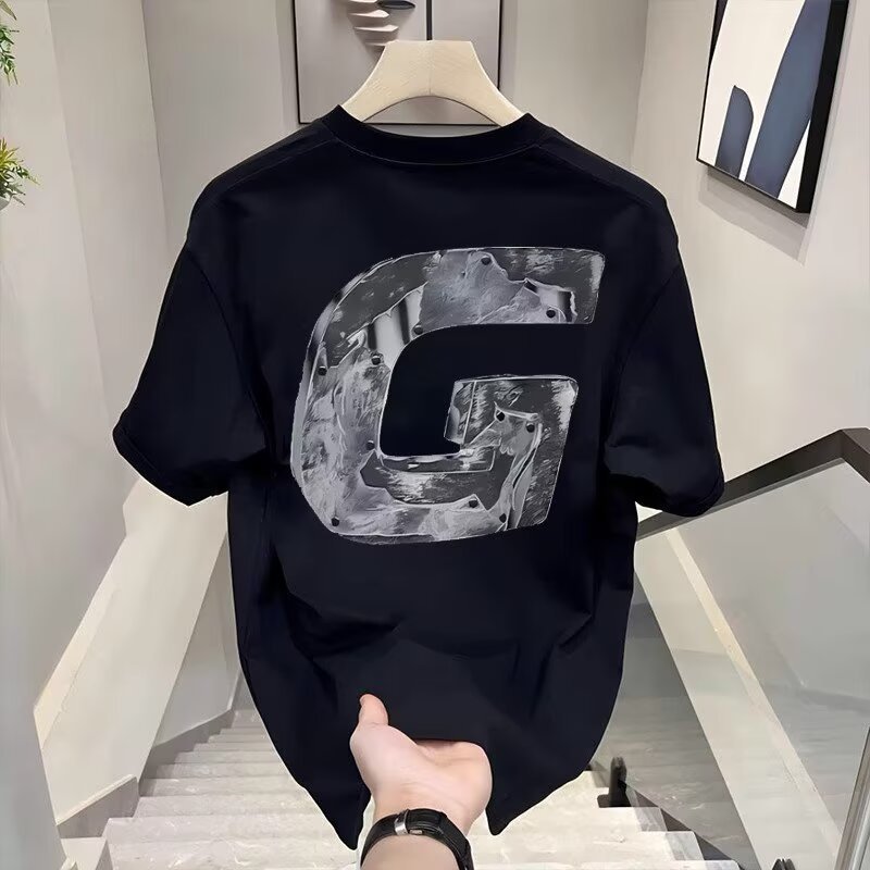 อินเทรนด์ tw2025 ผ้าฝ้ายแท้แบรนด์ใหม่แขนสั้นเสื้อยืดอินเทรนด์ Heavy Casual ผู้ชายฤดูร้อนรอบคอเกาหลีพ