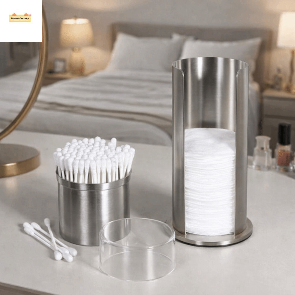 FITNESSFACTORY กล่องเก็บสําลี, กล่องเก็บสําลีทรงกลมสแตนเลส, ที่ใส่สําลีแบบถอดได้กันฝุ่นสองชั้นทนทาน 