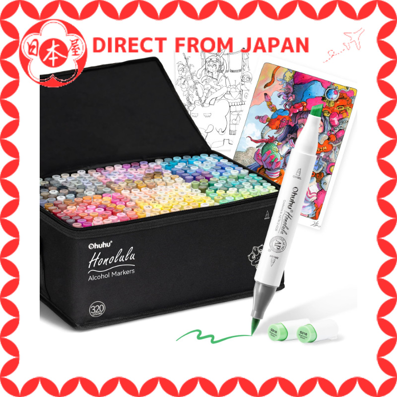 Ohuhu ปากกามาร์กเกอร์แบบพู่กัน 320 สี ใช้โดยมืออาชีพ มาร์กเกอร์วาดรูป ปลายพู่กันและปลายหนา แถมปากกาเ