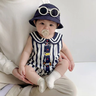 ฤดูร้อนใหม่เสื้อผ้าเด็กบางแขนกุดกองทัพเรือปก เจ ผู้ตัดสิน 4-36เดือนสบายระบายอากาศสุดน่ารักลายลูกสุนัขสไตล์เกาหลีบอดี้สูท