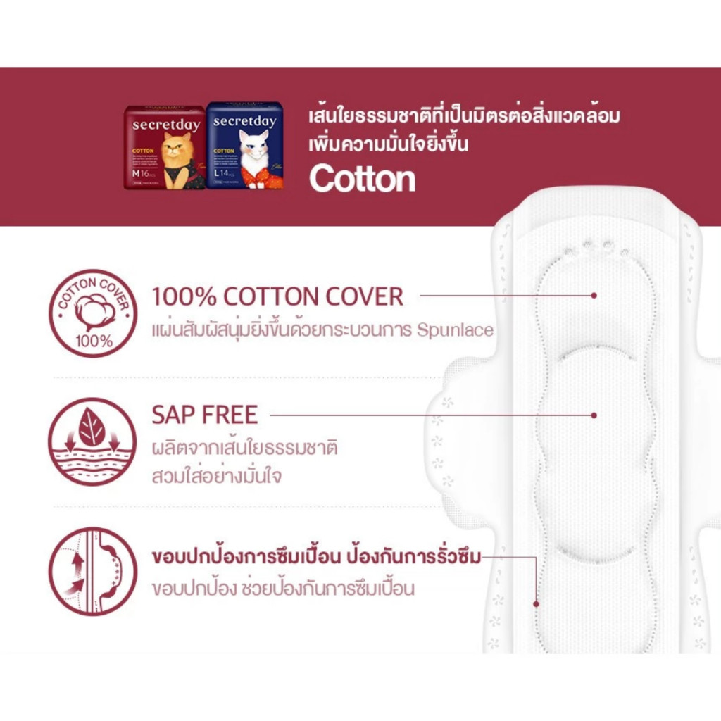 Secretday Cotton ผ้าอนามัยซีเคร็ทเดย์ คอตตอน 4 Lock (สำหรับผิวแพ้ง่าย) ราคา ถูกที่สุด ดีลบีเคเค แกลเลอรีภาพที่ 6