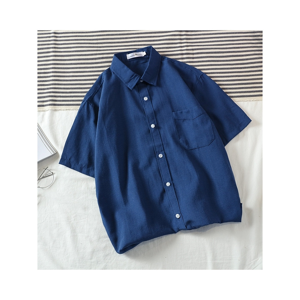 เสื้อผู้หญิง เสื้อดำคอปก สีดำ เสื้อผู้ชายเท่ๆ เสื้อเชิ้ตแขนสั้นผ้าใยสังเคราะห์มี 5 สี M-3XL