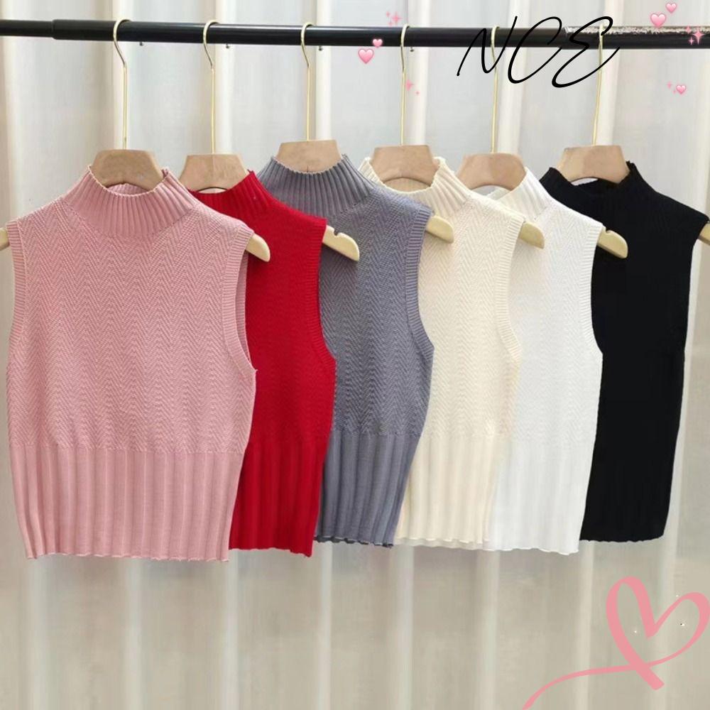 NCE เสื้อกล้าม,สีทึบกระชับสัดส่วนถักเสื้อกั๊ก,แฟชั่นครึ่งคอเต่าแขนกุด Tees เสื้อยืดสําหรับผู้หญิง