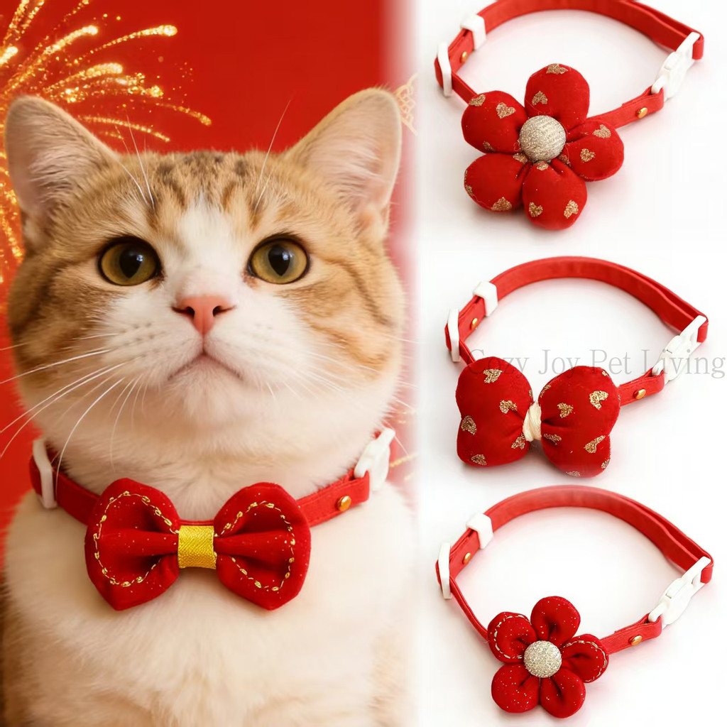 CNY-2026 Pet Chinese New Year Collar for Cats and Dogs with Gold Flower Bow Red Wedding and Spring Festival Lucky Accessories
