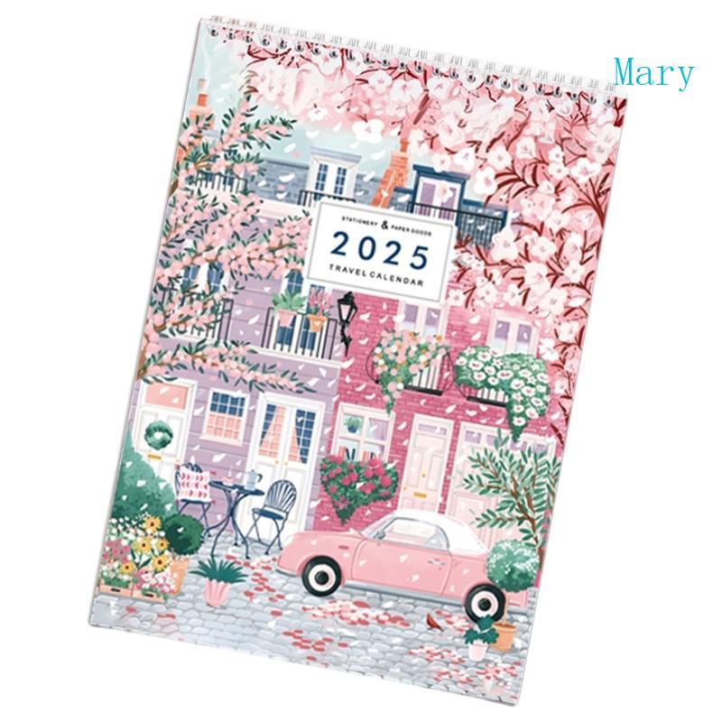 Mary 2025 Travel Checklist Calendar Twin-Coil Binding 2025 ปฏิทินรายเดือน Planner 12 เดือนจากเดือนมก
