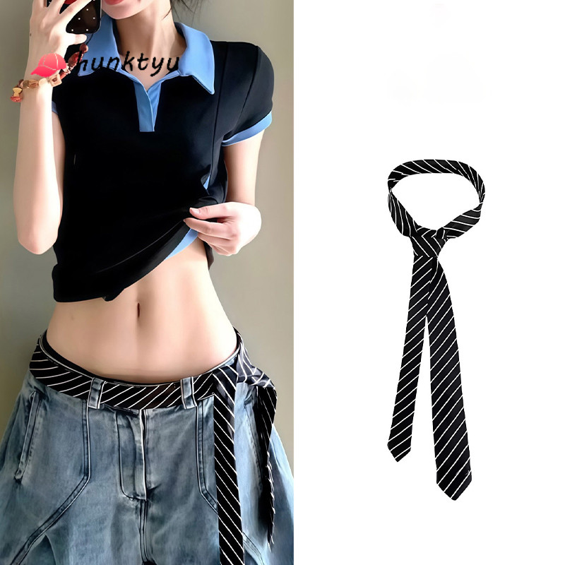 COD-เนคไทสไตล์เรโทรอเมริกัน สีดำ ผ้าทวิล เข็มขัด สำหรับผู้หญิง น่ารัก เท่ สไตล์ Y2K เครื่องประดับ