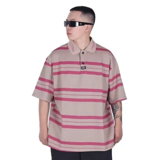 Chaistyle สไตล์อเมริกันแนววินเทจ เสื้อโปโลผู้ชาย การออกแบบลายทาง หลวมใส่สบาย แบบบางสำหรับฤดูร้อน