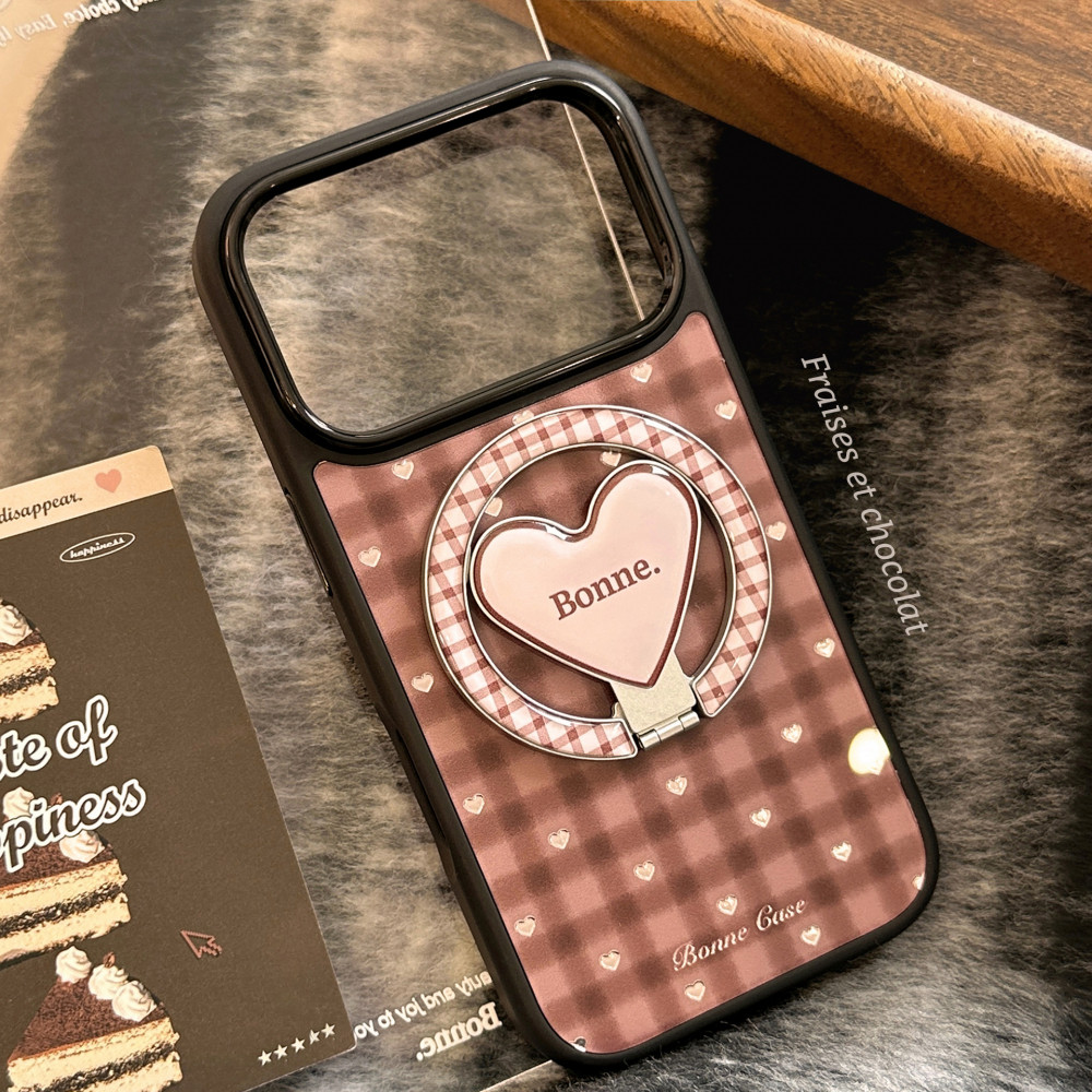 Retro สีน้ําตาลลายสก๊อต Love Heart Shaped พับแม่เหล็กผู้ถือกรณี iPhone สําหรับ iPhone 17 Pro Max 17 Pro 17 Air 17 16 15 14 13 Anti Drop Hard PC ปกหลัง