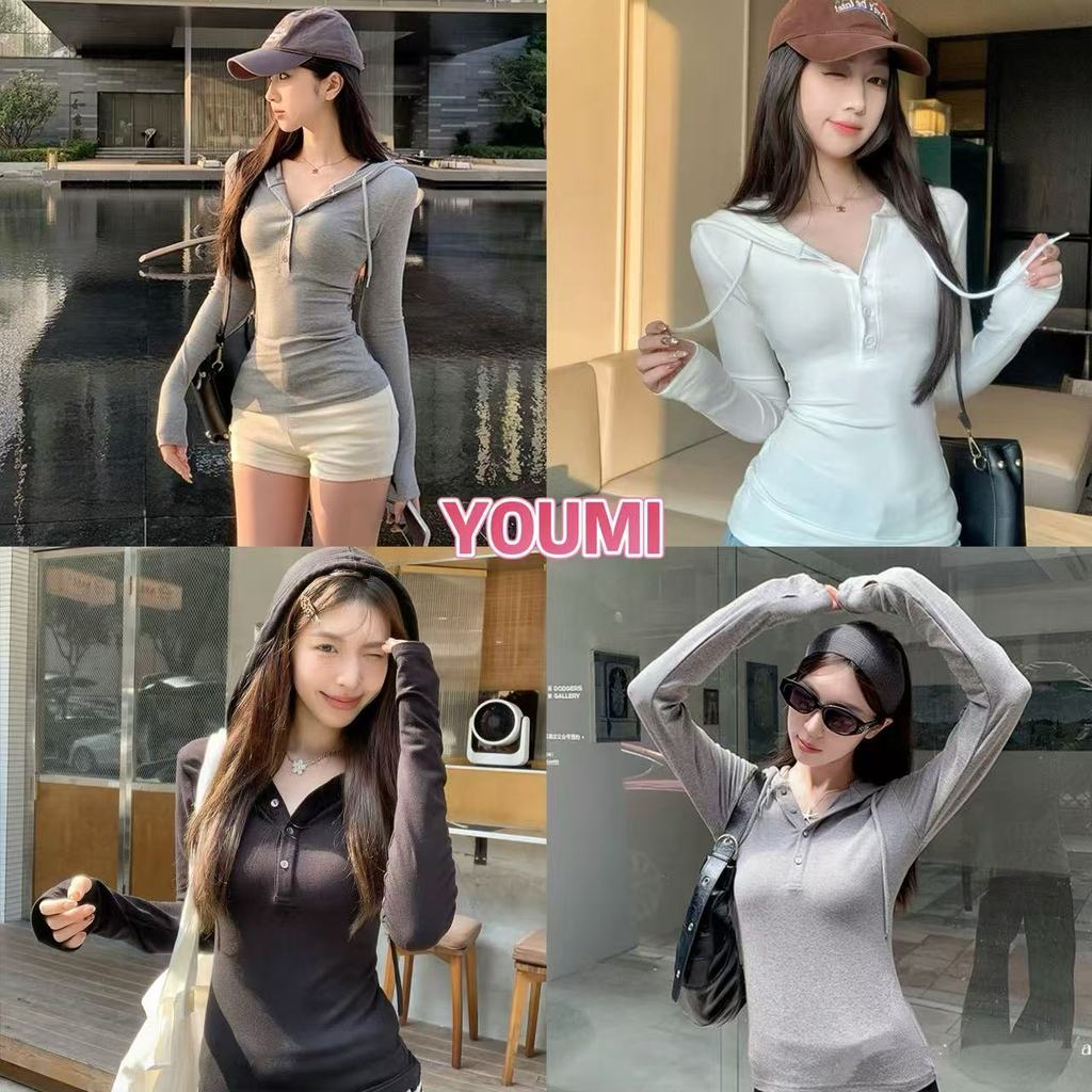 ส่งไวจากไทย เสื้อท่อนบนมีฮู้ด เอวเข้ารูป ทรงสลิมฟิต หวานเซ็กซี่ ผ้ายืด ใส่สบาย มี 3สี YOUMI