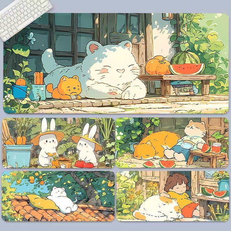 แผ่นรองเมาส์ Healing การ์ตูนสไตล์ญี่ปุ่น - Cute Bunny & Cat แผ่นรองโต๊ะขนาดใหญ่, ฐานกันลื่นหนา 3 มม.