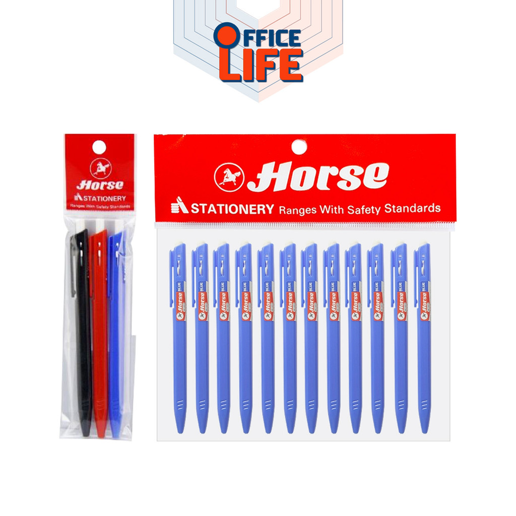 Horse (ตราม้า) ปากกาลูกลื่น ปากกา รุ่น H-402 ขนาด 0.7 มม. หมึกน้ำเงิน + แดง + ดำ ( แพ็ค )