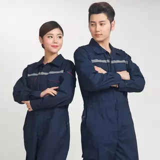 ชุดทำงานสไตล์สี่ฤดู ชุดชายแขนยาวสำหรับช่างไฟฟ้า ปั๊มน้ำมัน โรงงานเคมี ชุดป้องกันแรงงานแขนยาวบาง สีน้ำเงิน