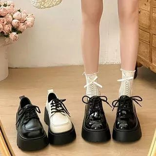 One for all พร้อมส่งจากไทย TX774 รองเท้าหนังเเพลตฟอร์ม แบบผูกเชือก หนา2.5นิ้ว หนังพียู สไตล์อังกฤษ สำหรับผู้หญิง