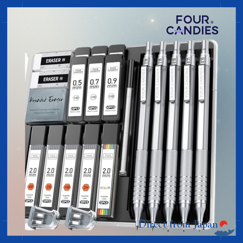 Four Candies Metal Mechanical Pencil Set 2 Pcs (0.5mm & 0.7mm), HB Leads, Eraser/Case, Black/Silver