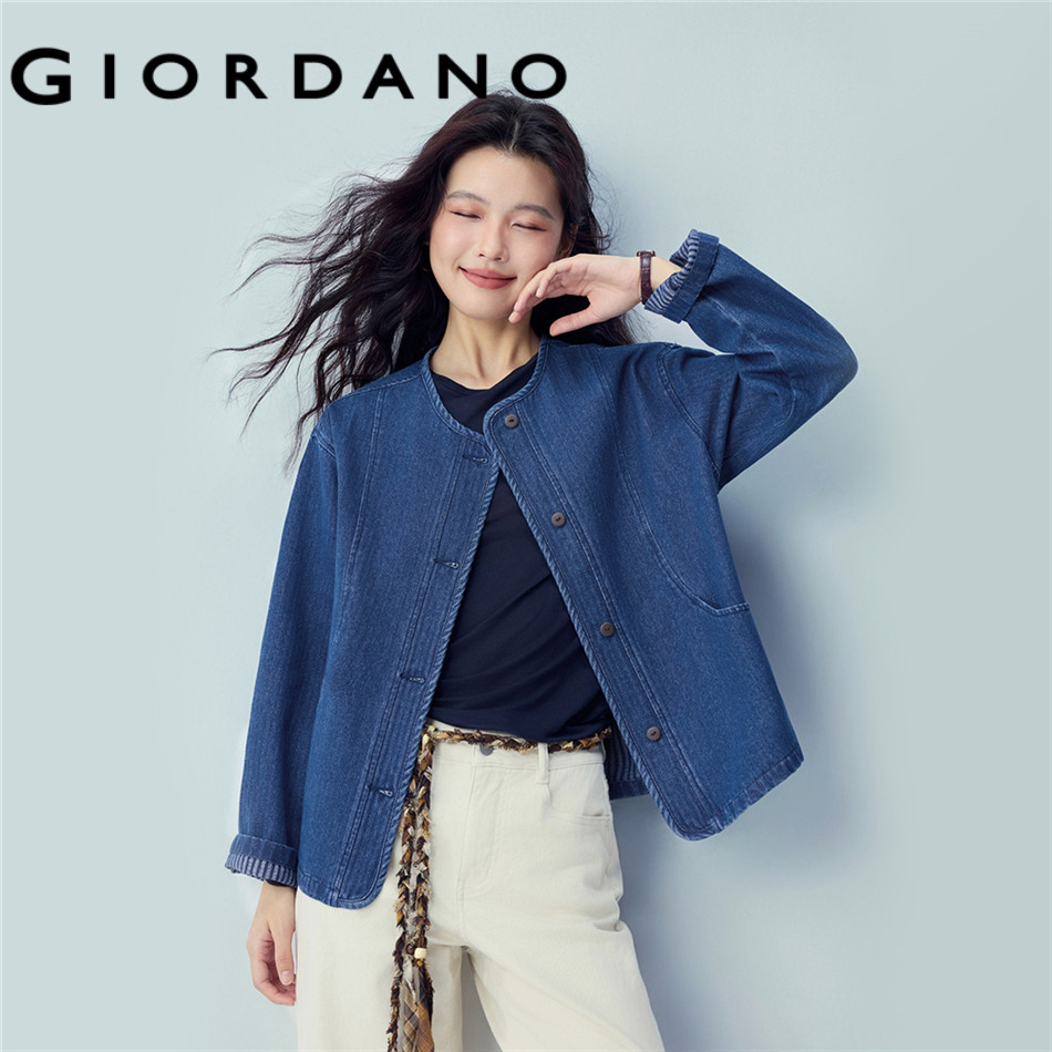 GIORDANO WOMEN Striped lining crewneck loose denim jacket 13376132