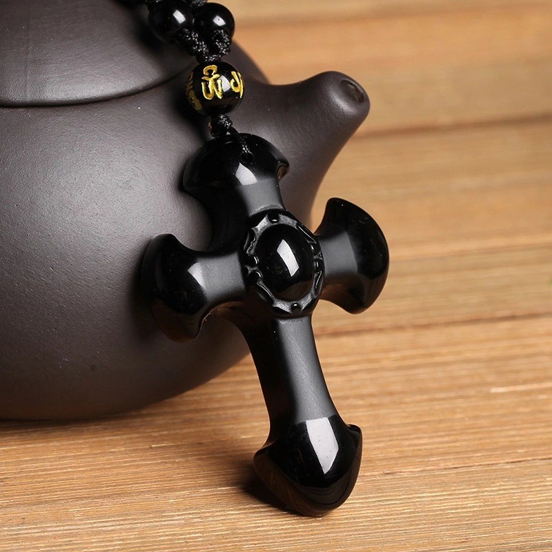 ธรรมชาติ Frosted Obsidian CROSS จี้ผู้ชายผู้หญิง Obsidian CROSS จี้สร้อยคอ