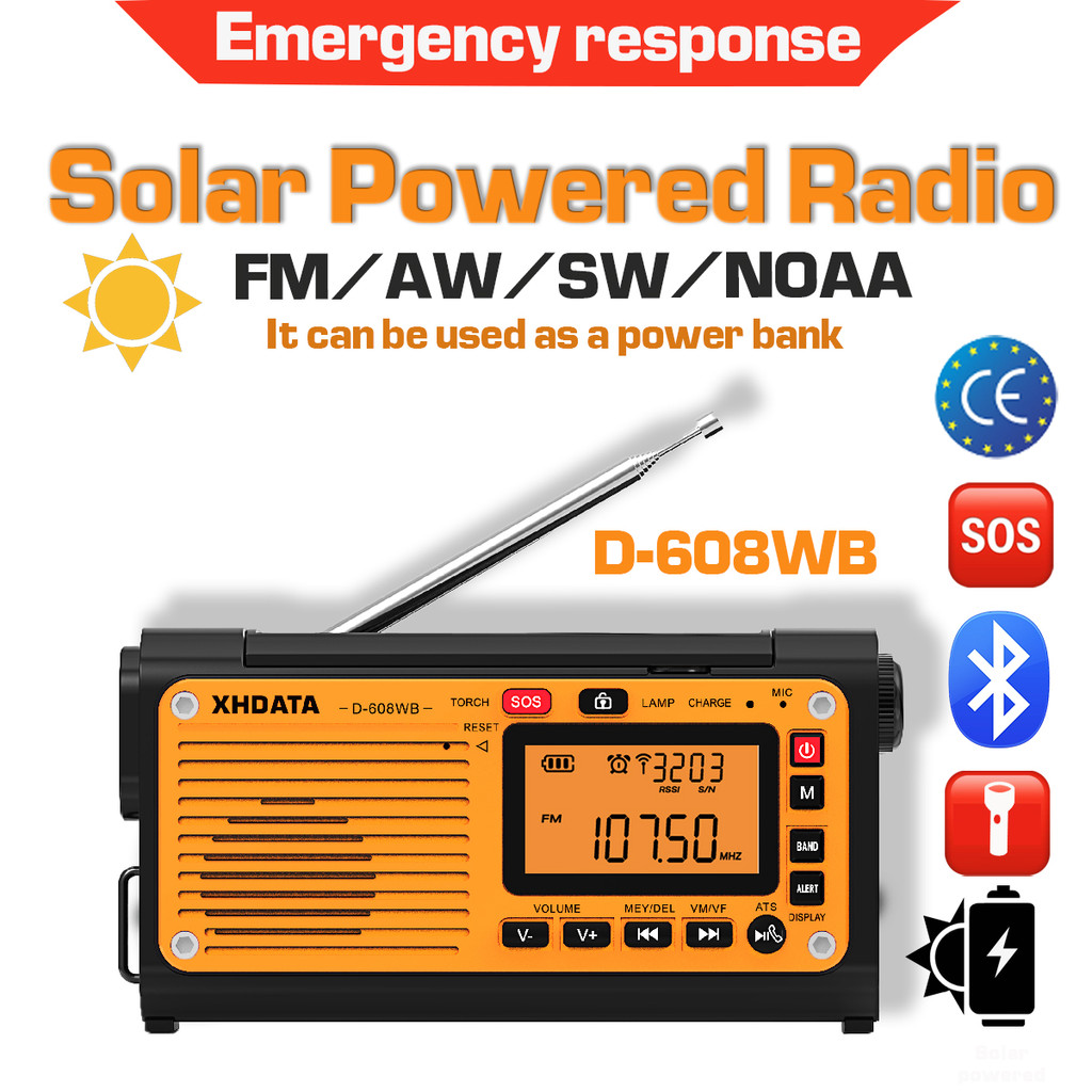 【ได้รับการรับรองจาก FCC 100%ori】 วิทยุฉุกเฉินแบบฟูลแบนด์ XHDATA D-608WB FM/MW/SW | ใช้พลังงานแสงอาทิ