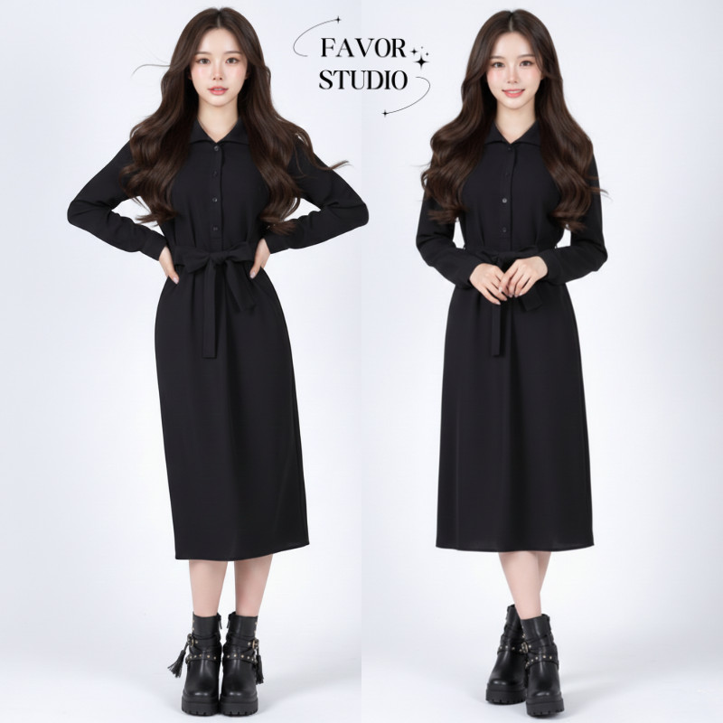 พร้อมส่ง🚚 (S-4XL) เดรสเชิ้ตยาวคอปก ดีไซน์เรียบหรูพร้อมเข็มขัดโบว์คอมพลีทลุค มินิมอลสไตล์สาวเกาหลี ทรงสวยพรางหุ่น สาวอวบ