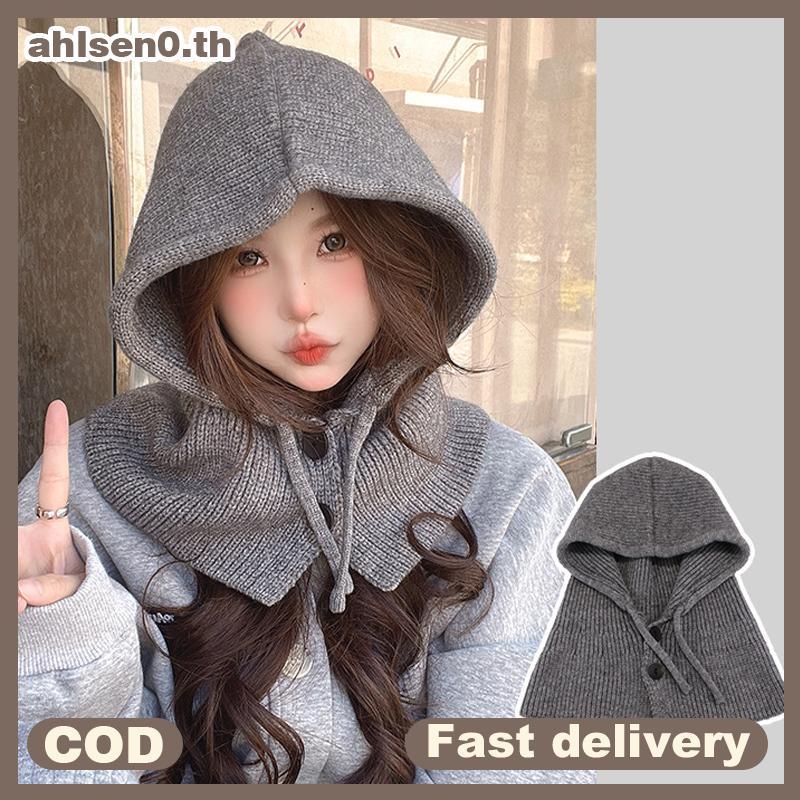 Ahlsen0 ฤดูหนาว Balaclava หมวกอบอุ่นถักหมวกผู้หญิงสีทึบ One-piece Ne Pullover หมวกแคชเมียร์กลางแจ้ง 