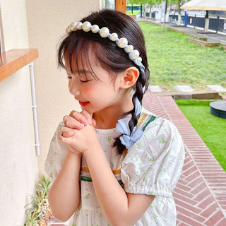 ที่คาดผมประดับมุก ที่คาดผมริบบิ้นลูกไม้ที่สามารถถักเปียได้ สไตล์เจ้าหญิงแสนหวาน