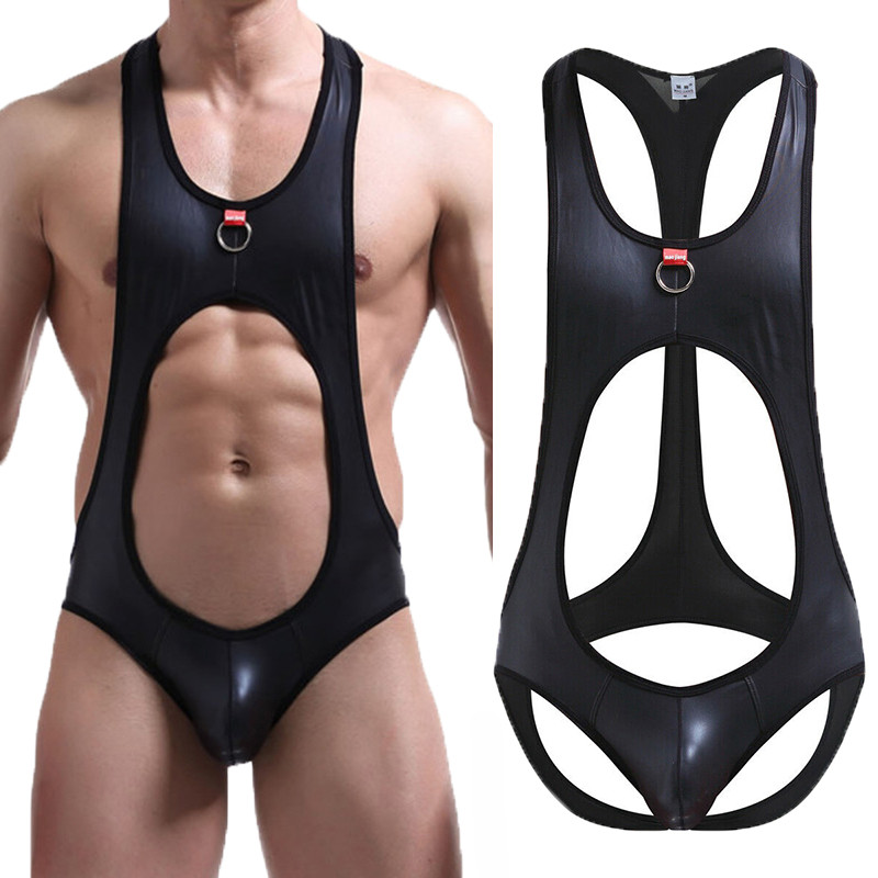 Bodysuit Jock Strap PU Leather Open Back Lingerie Latex Catsuit 1Piece Sexy Gay Jumpsuits Wrestling 