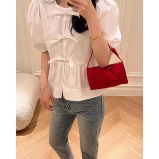❤easy❤ผู้หญิง ฝรั่งเศส โบว์ ผูกขึ้น เสื้อแขนสั้น เสื้อเชิ้ต สายรัด แขนพอง ตัวเล็ก เสื้อ