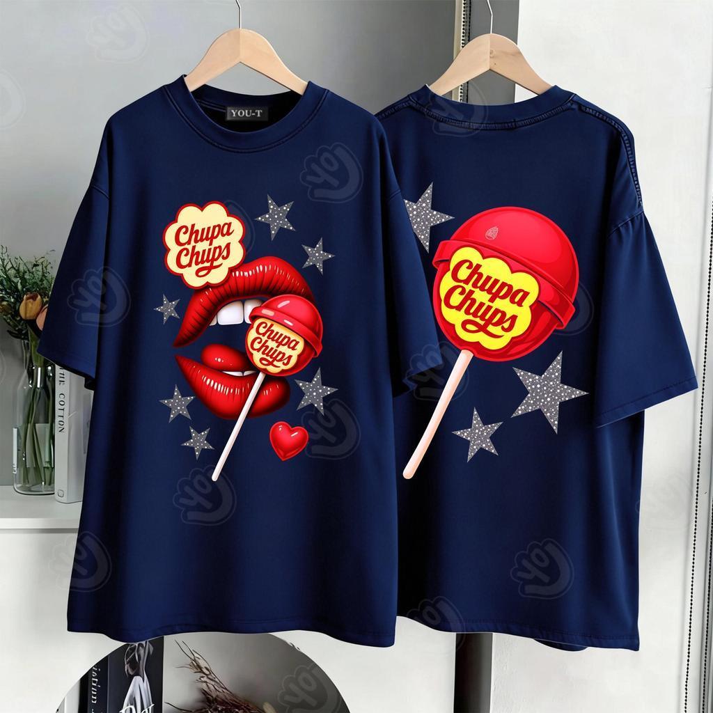 🌷Top.basic🌷เสื้อยืดผู้หญิงoversize ผ้าCotton  โคตรนุ่มวินเทจอเมริกัน  t shirt พิมพ์ลาย"Chupa Chups"เสื้อสีดํา【COD】