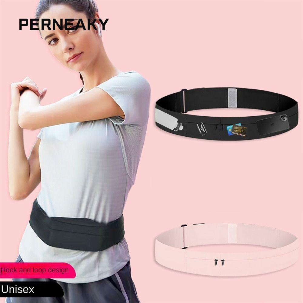 Perneaky เข็มขัดวิ่งบาง, ซิปที่มองไม่เห็นสีชมพูสีดําวิ่ง Fanny Pack, พร้อมกระเป๋า 3 ใบและที่วางขวดน้ํา Polyamide เข็มขัดเอวแพ็ควิ่งจ๊อกกิ้งเดินป่ามาราธอน