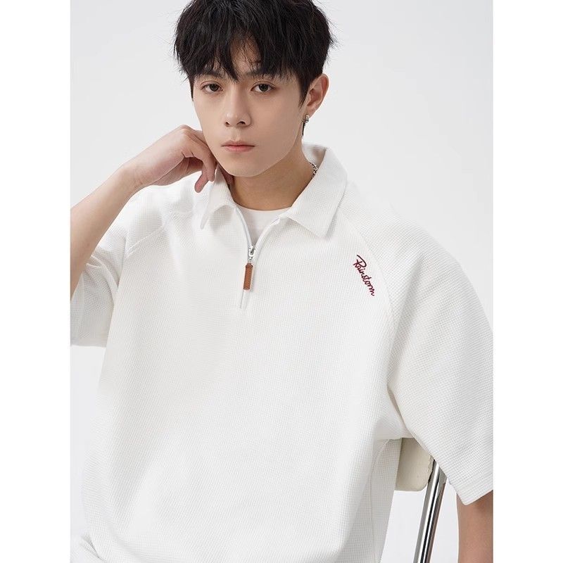 American Retro Waffle Zipper Street Wear Heavy Short Sleeve Loose Half Sleeve T-Shirt Top